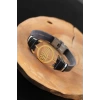 Gold Renk Metal Fatma Ana Eli Tasarım Siyah Renk Deri Erkek Bileklik
