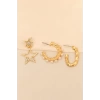 Gold Renk Metal Zirkon Taşlı ve İncili Yıldız Detaylı Küpe Seti
