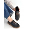 Guot Siyah Cilt Bağcıklı Babet Ayakkabı