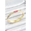 Mineli Pirinç Zirkon Taşlı Yeşil Pembe Çiçek Desenli Gold Renk Kadın Kelepçe