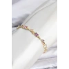 Pirinç Gold Renk Pembe ve Mor Zirkon Taşlı Çiçek Model Kadın Bileklik