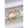 Pirinç Gold Renk Zirkon Taş Detaylı Pembe Mineli Damla Model Ayarlanabilir Kadın Yüzük