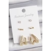 Pirinç Gold Renk Zirkon Taşlı İşlemeli Motif Model 3 Çift Kadın Küpe Seti