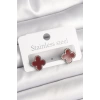 Pirinç Gümüş Renk Bordo Yonca Model Kadın Küpe