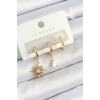 Pirinç Zirkon Taşlı Güneş Model Gold Renk 3lü Çift Kadın Küpe Set