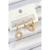 Pirinç Zirkon Taşlı Kalp Model Gold Renk 3lü Çift Kadın Küpe Set