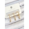 Pirinç Zirkon Taşlı Sallantılı Yıldız Model Gold Renk 3lü Çift Kadın Küpe Set