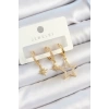 Pirinç Zirkon Taşlı Yıldız Model Gold Renk 3lü Çift Kadın Küpe Set