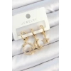 Pirinç Zirkon Taşlı Yıldız Ve Ay Model Gold Renk 3lü Çift Kadın Küpe Set