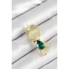 Yeşil Damla Zirkon Taşlı Kraliçe Taçlı Kedi Figürlü Gold Renk Kadın Broş