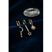 3 lü Set Ay Yıldız ve Güneş Model Gold Renk Kadın Küpe