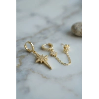 3 lü Set Küpe Gold Renk Zincir Detaylı