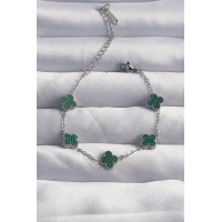 316L Çelik Baby Boy Gümüş Renk Çizgili Yeşil Mineli Yonca Bileklik