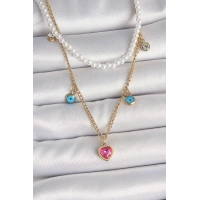 316L Çelik Gold Renk 2Li İnci Zincir Model Pembe Taşlı Kalp Figür Nazar Boncuk Detay Kadın Kolye