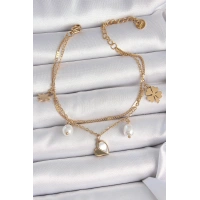 316L Çelik Gold Renk 2li Zincir Model Sallantı Kalp Figür Yonca Detay Kadın Bileklik