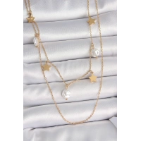 316L Çelik Gold Renk 2Li Zincir Sallantı Yıldız İnci Model Kadın Kolye