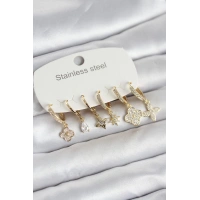 316L Çelik Gold Renk 6lı Set Yonca Model Kadın Küpe