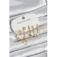 316L Çelik Gold Renk 6lı Set Zincirli Yıldız Modelli Kadın Küpe