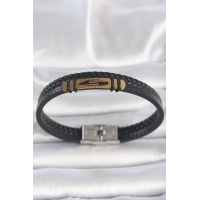 316L Çelik Gold Renk Aksesuarlı Çift Sıra Siyah Burgu Desenli Deri Kordon Erkek Bileklik