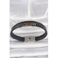 316L Çelik Gold Renk Aksesuarlı Çift Sıra Siyah Burgu Desenli Deri Kordon Erkek Bileklik