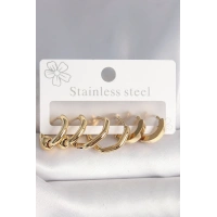 316L Çelik Gold Renk Altıgen Halka Model Kadın Küpe Seti