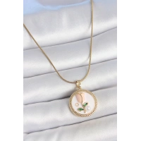 316L Çelik Gold Renk Beyaz Mineli İncili Çiçek İşlemeli Portre Model Kadın Kolye