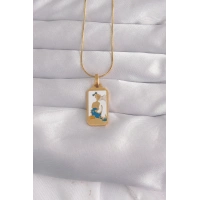 316L Çelik Gold Renk Beyaz Mineli Kız Figür Tarot Kolye
