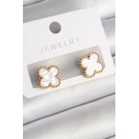 316L Çelik Gold Renk Beyaz Minelik Yonca Model Kadın Küpe