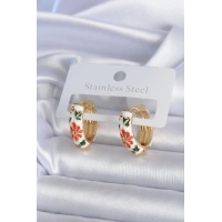 Pirinç Gold Renk Beyaz Renk Çiçek İşleme Detay Kadın Küpe