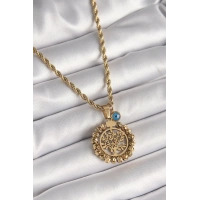 316L Çelik Gold Renk Burgu Zincir Dorika Yaşam Ağacı Figür Nazar Boncuk Detay Kadın Kolye