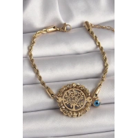 316L Çelik Gold Renk Burgu Zincir Model Dorika Yaşam Ağacı Figür Nazar Boncuk Detay Kadın Bileklik