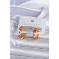 Pirinç Gold Renk Çiçek İşleme Turuncu Kadın Küpe