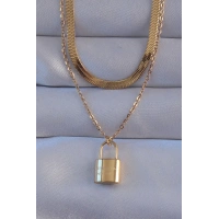 316L Çelik Gold Renk Çift Zincir Kilit Model Kolye