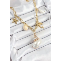 316L Çelik Gold Renk Deniz Kabuğu ve Yıldızı Konseptli Kadın Kolye