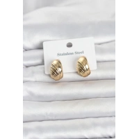 316L Çelik Gold Renk Desenli Yarım Halka Model Kadın Küpe