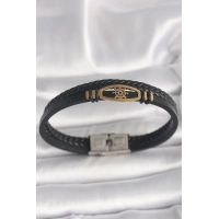 316L Çelik Gold Renk Gemi Dümen Figür Siyah Renk Çift Sıra Burgu Desenli Deri Kordon Erkek Bileklik