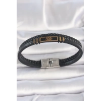 316L Çelik Gold Renk Gemi Dümeni Aksesuarlı Çift Sıra Burgu Desenli Deri Kordon Erkek Bileklik
