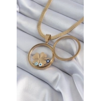 316L Çelik Gold Renk İtalyan Zincir Açılabilir Fanus Yonca Figür Model Kadın Kolye