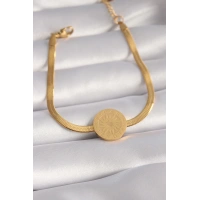 316L Çelik Gold Renk İtalyan Zincir Model İşlemeli Madalyon Figür Kadın Bileklik