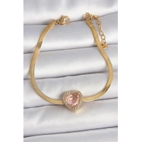 316L Çelik Gold Renk İtalyan Zincir Pembe Zirkon Taşlı Kalp Model Kadın Bileklik