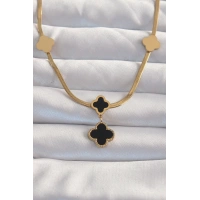 316L Çelik Gold Renk İtalyan Zincirli Mineli Yonca Kolye