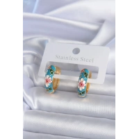 Pirinç Gold Renk Mavi Çiçek İşleme Detay Kadın Küpe