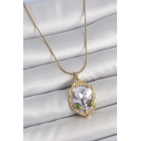 316L Çelik Gold Renk Mor İncili Çiçek İşlemeli Portre Model Kadın Kolye