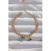 316L Çelik Gold Renk Nazarlı Kalp Model Zincir Bileklik