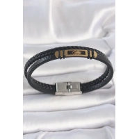 316L Çelik Gold Renk Örümcek Figür Çift Sıra Burgu Desenli Deri Kordon Erkek Bileklik