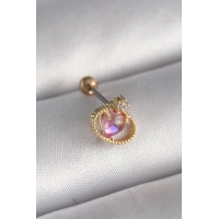 316L Çelik Gold Renk Pembe Mineli Kalp Zirkon Taş Detay Tragus Piercing