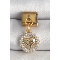 316L Çelik Gold Renk Sallantı Zirkon Taşlı Kalp Model Nomination Charm