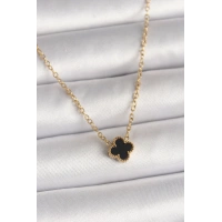 316L Çelik Gold Renk Siyah Yonca Model Kadın Kolye