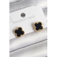 316L Çelik Gold Renk Siyah Yonca Model Kadın Küpe