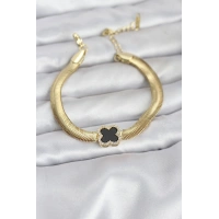 316L Çelik Gold Renk Siyah Yonca Model Zirkon Taşlı Yılan Zincirli Kadın Bileklik